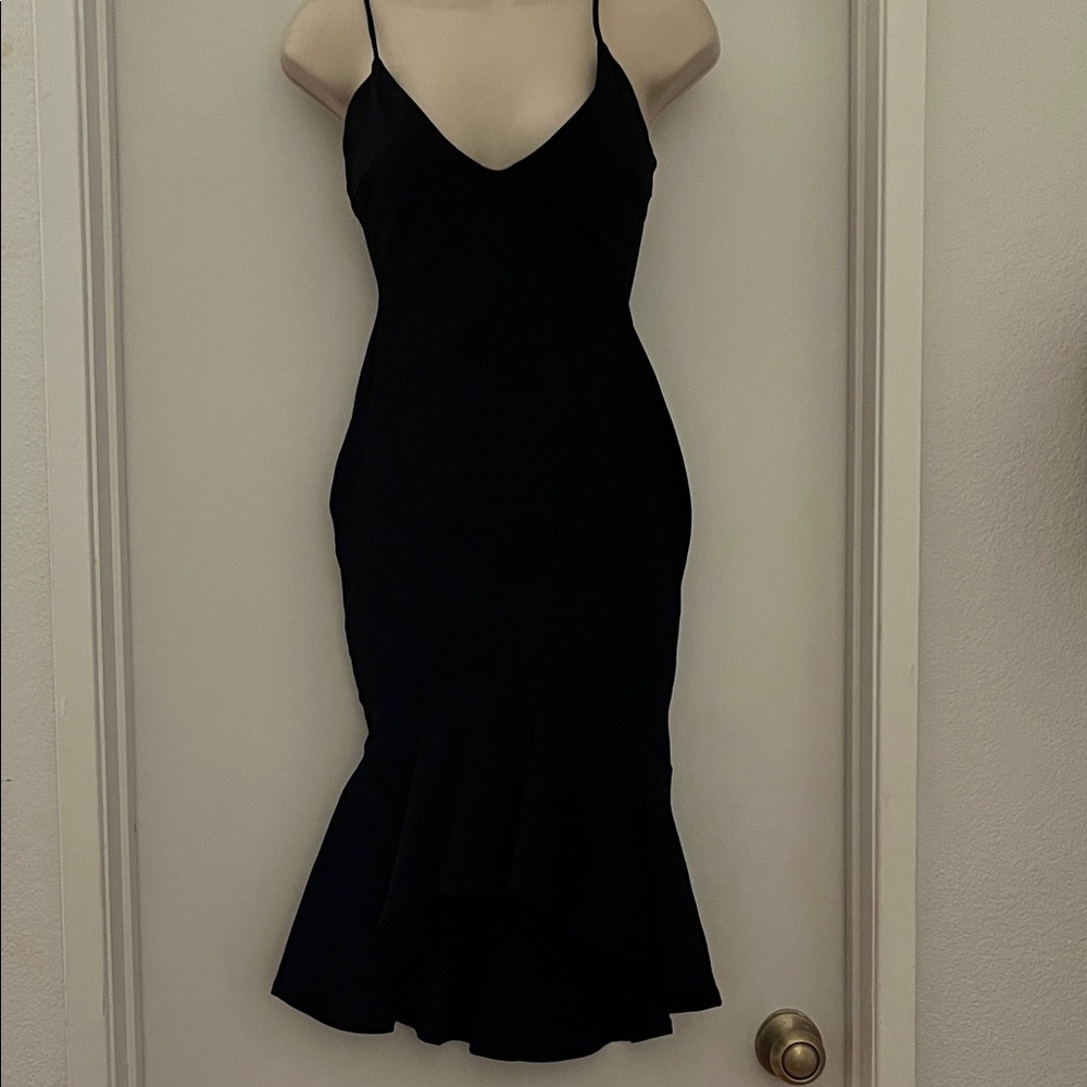 Windsor Black Spaghetti-Strap Ruffle-Hem Midi Dress